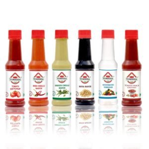 Assorted sauces combo pack including red chilli sauce, green chilli sauce, soy sauce, white vinegar, and tomato ketchup bottles